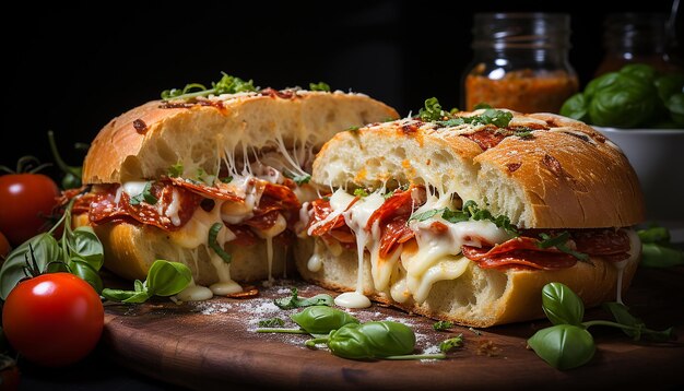 Versheid op bord gegrilde ciabatta rundvlees mozzarella en groenten gegenereerd door AI