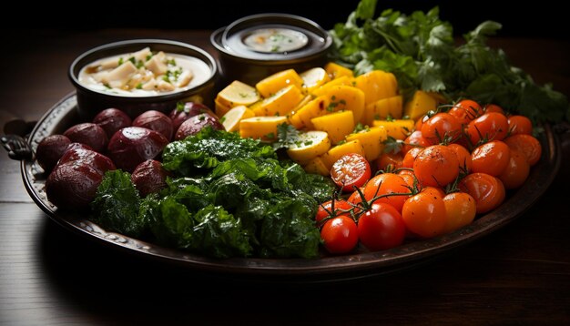 Versheid op een bord gezond gastronomisch vegetarisch eten gegrild vlees gegenereerd door kunstmatige intelligentie