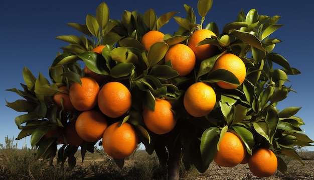 Versheid van citrusvruchten in de natuur levendige sinaasappelboom in de boomgaard gegenereerd door kunstmatige intelligentie