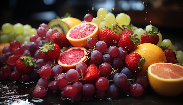 Versheid van de natuur bounty aardbei sinaasappel druif framboos watermeloen banaan gegenereerd door kunstmatige intelligentie