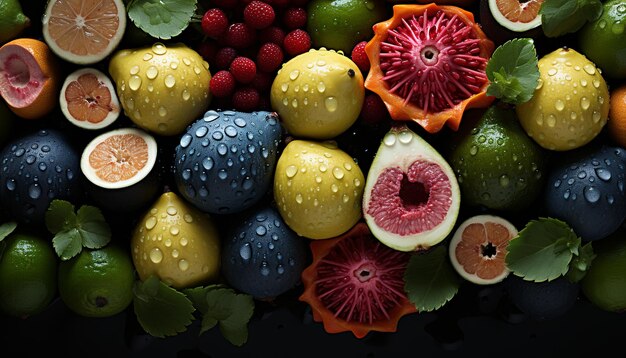 Foto versheid van de natuur bounty citrus aardbei framboos grapefruit appel gegenereerd door kunstmatige intelligentie