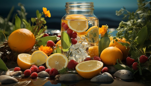 Foto versheid van de natuur citrusvruchten op een houten tafel verfrissend drankje gegenereerd door kunstmatige intelligentie