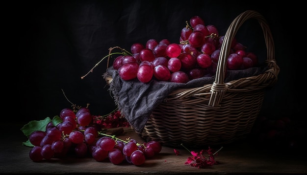 Versheid van de natuur in een rustieke houten fruitmandje gegenereerd door kunstmatige intelligentie