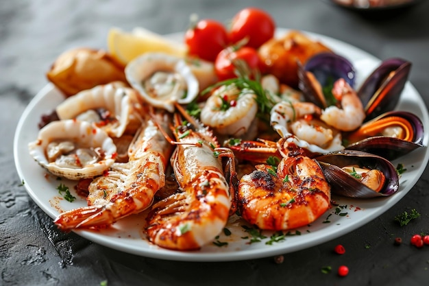 Foto versheid van zeevruchten op het bord een gourmet maaltijd voor de lunch