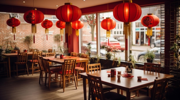 Versierd Chinees restaurant interieur met rode papieren lantaarns