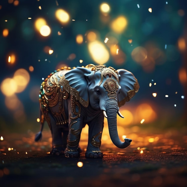 Foto versierd olifantfiguur met fonkelende lichten op een bokeh achtergrond