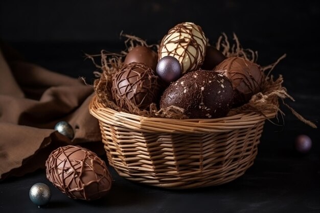 Versierde chocolade paaseieren in bruine mand op tafel generatieve ai