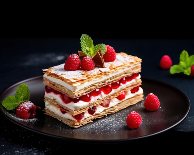 Versierde frambozen millefeuille cake op een bord