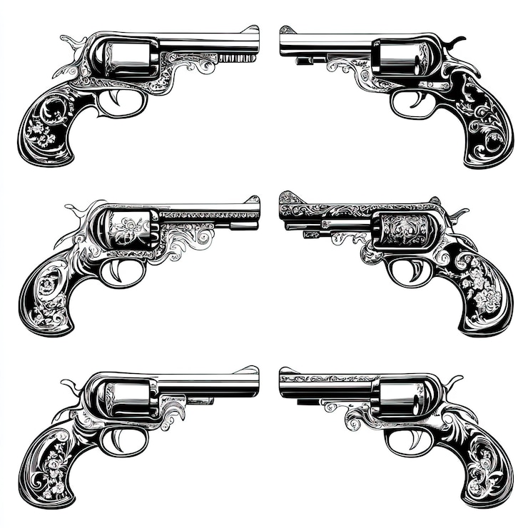Foto versierde gegraveerde revolvers een verzameling van vier gedetailleerde illustraties