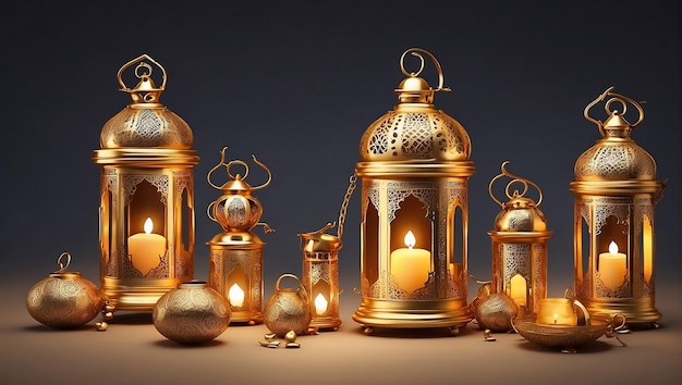 Versierde gouden lantaarns en kaarsenhouders met ingewikkelde uitsnijdingen