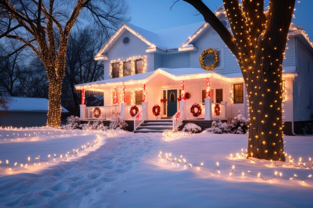 Versierde huizen met kerstverlichting