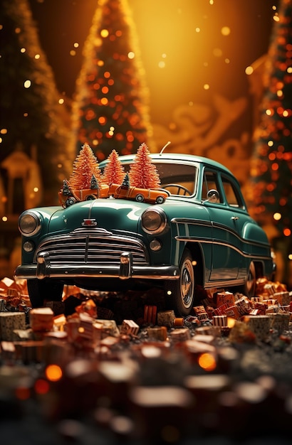 Foto versierde kerstauto bij de kerstboom kerstmis en nieuwjaar vakantieconcept copyspace