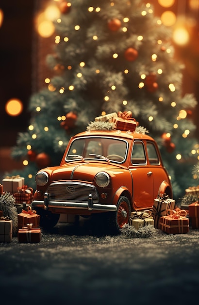 Foto versierde kerstauto bij de kerstboom kerstmis en nieuwjaar vakantieconcept copyspace