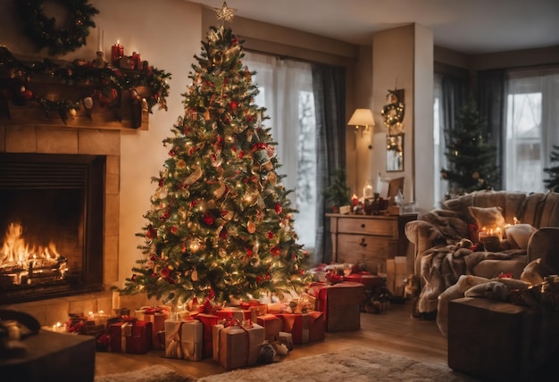 Versierde kerstboom en geschenkdozen Generatieve AI