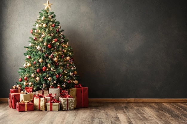 Versierde kerstboom in de kamer bij de grijze muur