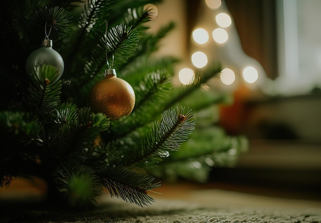 Versierde kerstboom in de woonkamer met bokeh lichten