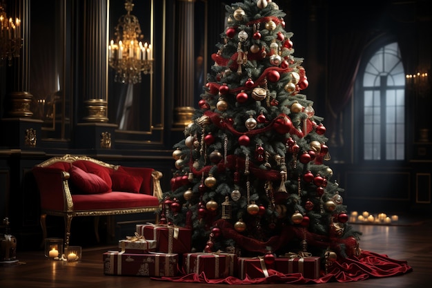 versierde kerstboom in gezellig huis voor wenskaart