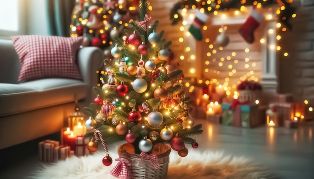 Versierde kerstboom in het interieur van de woonkamer met kransen en lichten