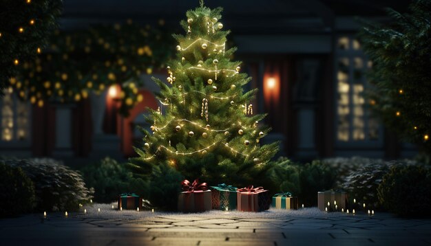 Versierde kerstboom met geschenkdoos Generatieve AI