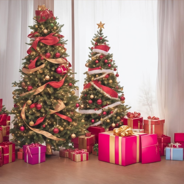 Versierde kerstboom met geschenkdozen