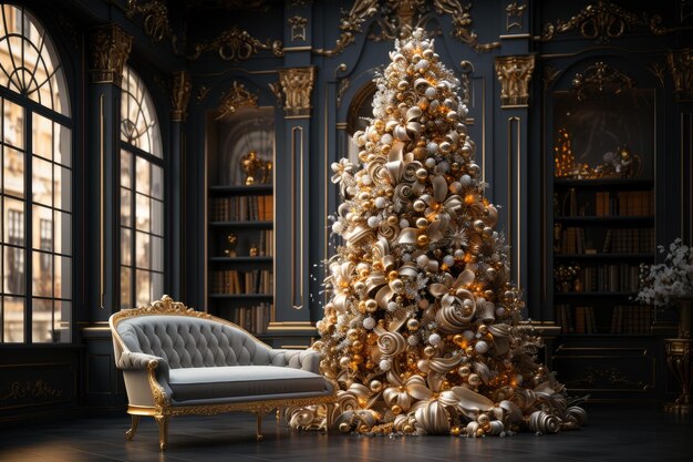Versierde kerstboom met gouden ballen in een luxe interieur nieuwjaarstraditie vrolijke xmas