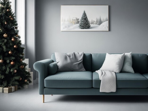 versierde kerstboom met rode kussens in de noordelijke moderne woonkamer interieurontwerp voor v