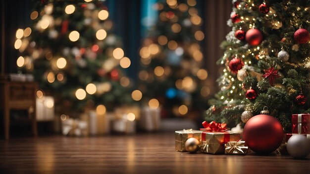 Versierde kerstboom op wazige achtergrond met copyspace