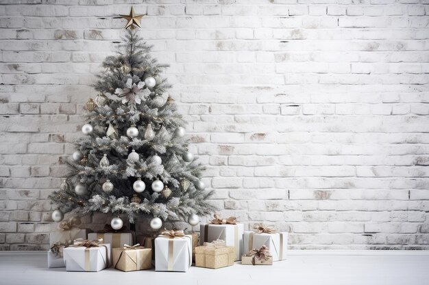 Versierde kerstspar met geschenkdozen op bakstenen muur achtergrond