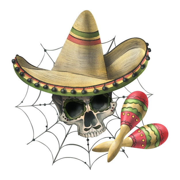 Versierde menselijke schedel in een sombrero hoed met maracas en spinnenwebben Hand getekend aquarel illustratie voor dag van de dode halloween Dia de los muertos Geïsoleerde compositie op een witte achtergrond