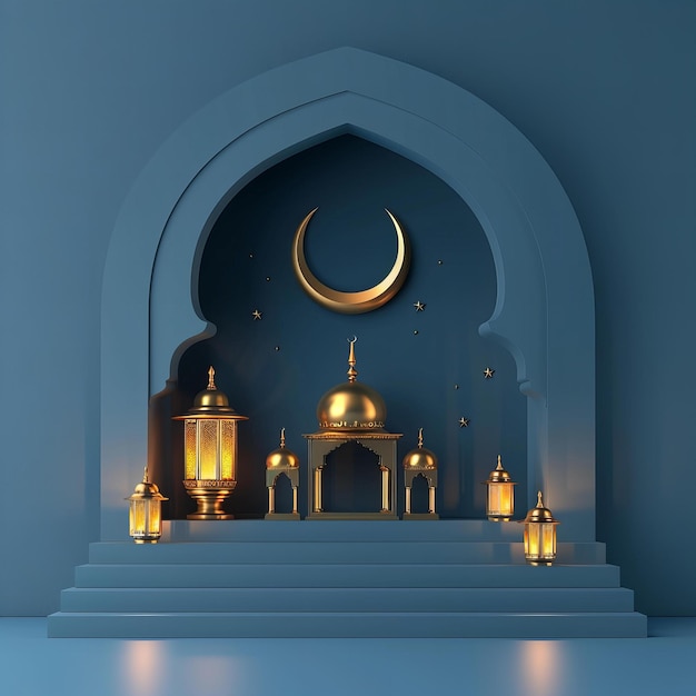versierde moskee met halve maan en sterren op blauwe Ramadan en islamitische architectuur concept