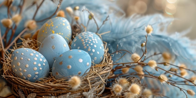 Foto versierde paaseieren in een nest met pastelaccenten