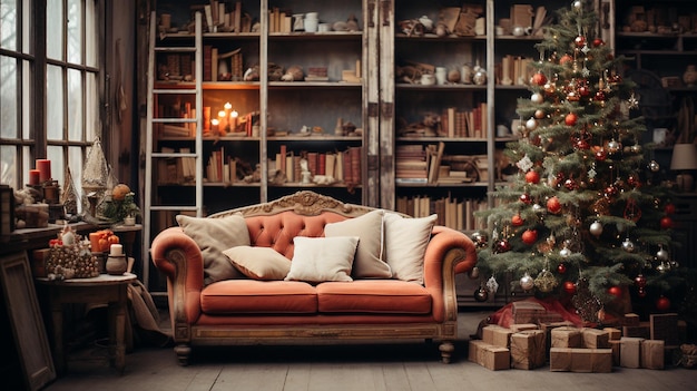 Versierde vintage kerstboom in de kamer