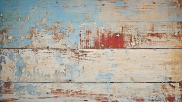 Versleten houten planken met afvallende blauwe en witte verf