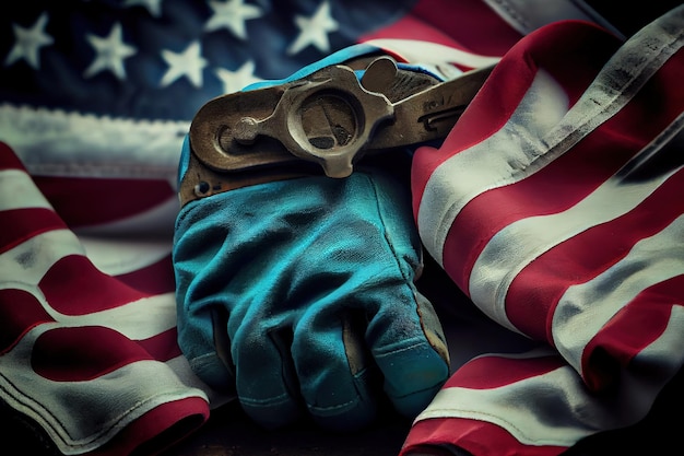 Versleten werkhandschoen met oude moersleutel en US Amerikaanse vlag Generative Ai