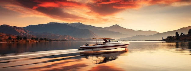 Versnellende vissersmotorboot met waterdruppels Blauwe oceaan zeewater golf reflecties bij de zonsondergang Motorboot in de blauwe oceaan Oceaan jacht zonsondergang