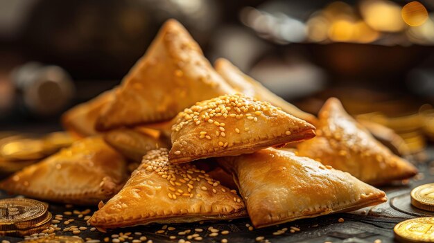 Verspreide gouden munten en lekkere patties