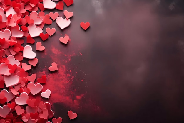 Verspreide kleine rode en roze harten donkere achtergrond bovenkant Valentijnsdagbanner met ruimte voor uw eigen inhoud Witte achtergrondkleur Blank veld voor de inscriptie