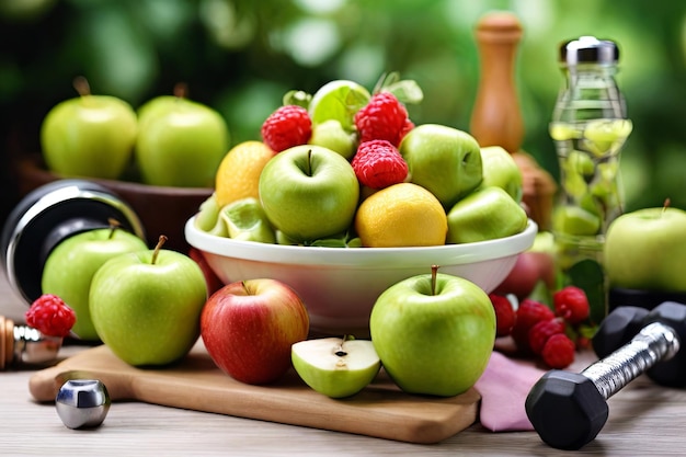 Versterk uw gezonde levensstijl Een levendig beeld van een dieet met een verse fruitsalade en halters