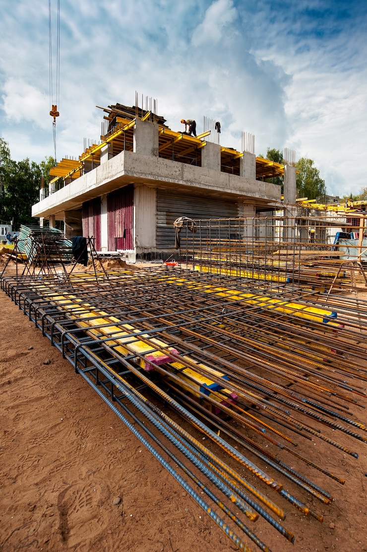 Foto versterkt frame op de voorgrond van een nieuw monolithisch huis in aanbouw tegen een blauwe hemel
