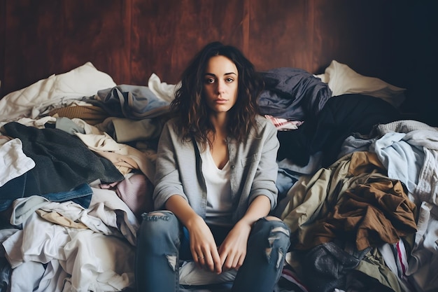 Verstoorde vrouw die op bed zit omringd door kleren in een rommelige kamer met een rommelige garderobe en een stapel wasgoed