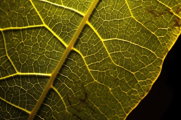 Vertakkende aderen van een blad verlicht door zonlicht macro shot gemaakt met generatieve ai