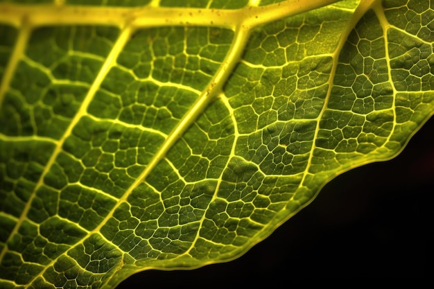 Vertakkende aderen van een blad verlicht door zonlicht macro shot gemaakt met generatieve ai