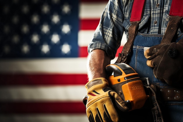 Vertegenwoordiging van de Dag van de Arbeid Handschoenen arbeider gereedschapsgordel maat tegen de achtergrond van de Amerikaanse vlag