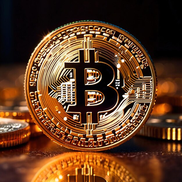 Vertegenwoordiging van de digitale cryptocurrency bitcoin door middel van gouden munten met het bitcoil-symbool