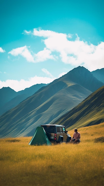 Verticaal beeld van een stel dat kampeert met een terreinwagen in een prachtig berglandschap Generatieve AI