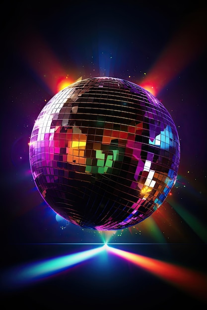 Verticaal beeld van een verbluffende discobal met fantastische kleurrijke lichten en een levendige achtergrond van kleuren Generatieve AI