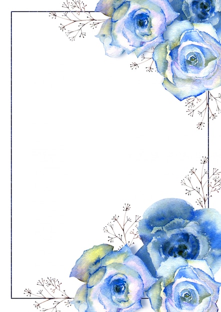 Verticaal frame met aquarel blauwe rozen