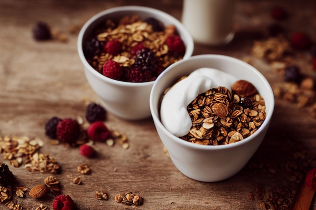 Verticaal geschoten heerlijke granola met yoghurt 3d geïllustreerd