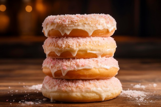 Verticaal gestapelde levendige donuts op een rustieke achtergrond een feest voor de ogen