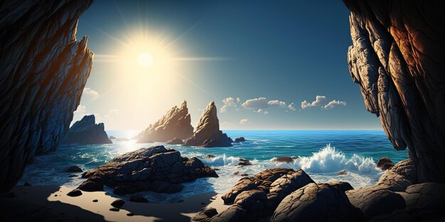 Verticaal gezien tegen een blauwe hemel en felle zonneschijn zijn rotsen omringd door water